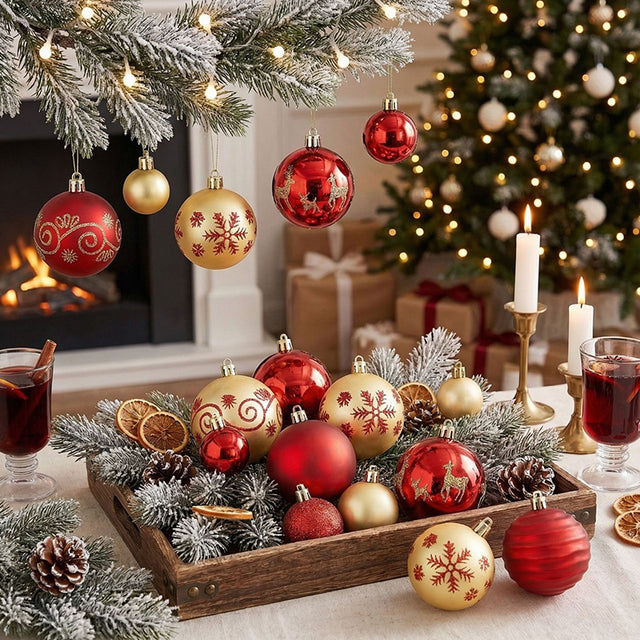 Red and Gold Christmas Tree Baubles Set, Assorted Hanging Ball Ornaments in 3 cm and 6 cm — 44 Pieces