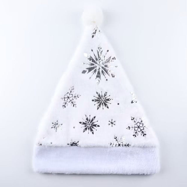 White Plush Christmas Hat with Silver Snowflake Print and Pom Pom zaw