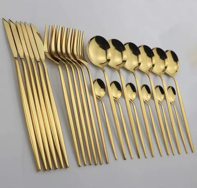 Luxury Gold Stainless Steel Cutlery Set with Tablespoons, Teaspoons, Butter Knives and Forks — 24 Pieces