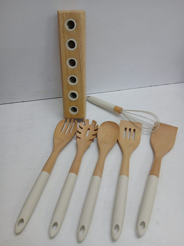 Wooden Kitchen Utensil Set with Holder – 6 Pieces