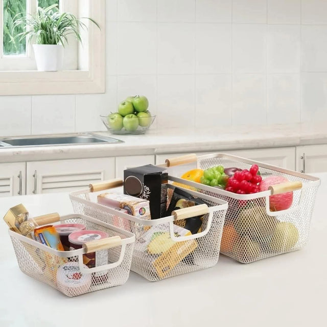 White Mesh Plastic Storage Baskets with Bamboo Handles (Set of 3) njr