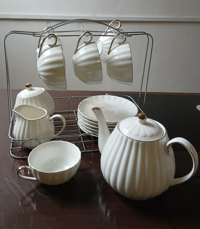 White ceramic ribbed tea set with stand teapot cups saucers — iDecorators Kenya