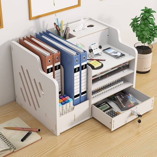 Bamboo Desk Organizer, Desktop Wood Bookshelf File Organizer, Pen Holder and Tissue Holder