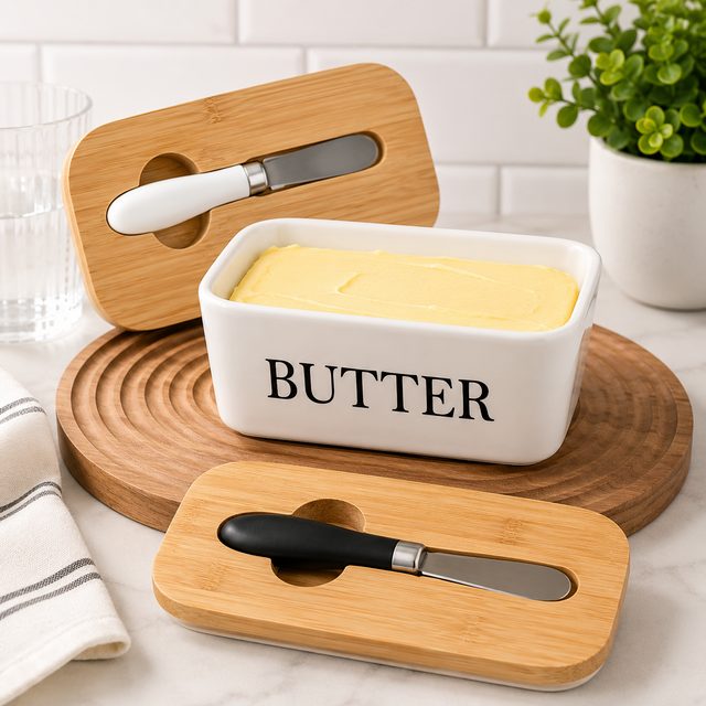 Ceramic butter dish white bamboo lid kitchen counter — iDecorators Kenya