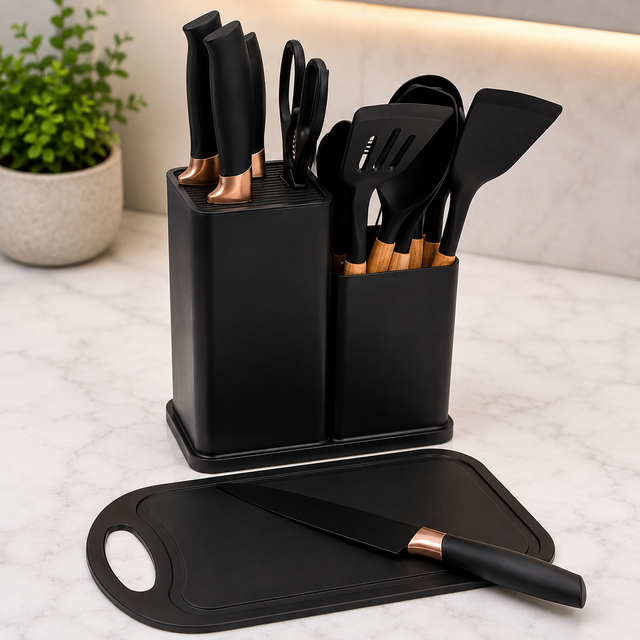 black silicone kitchen utensil set with wooden handles, storage holder, tongs, whisk, spatulas and cutting board