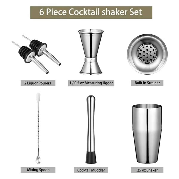 Cocktail Set Boston Shaker Mixer Stainless Steel Drink 6 pcs