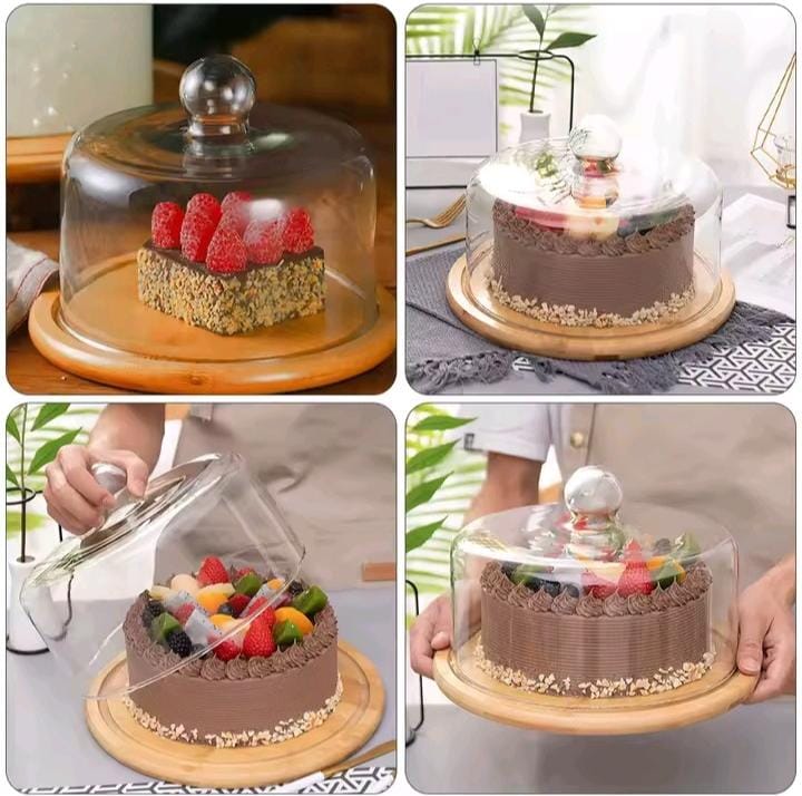 Dome Shape Glass Cake Cover with Bamboo Base