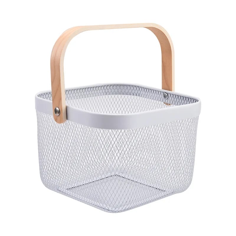 High quality mesh wire fruit basket with wooden handle