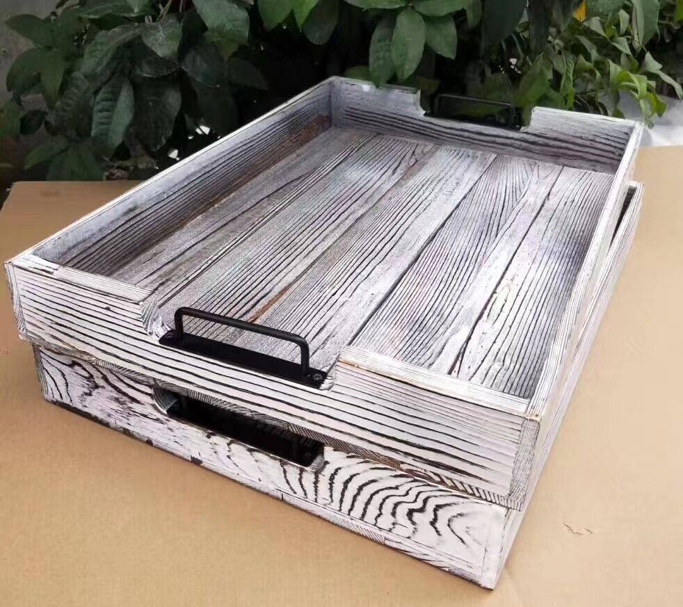 Fir wood serving tray with metal handle