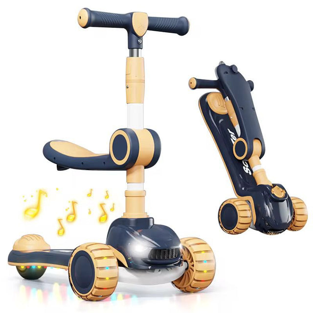 2-in-1 kids' kick scooter in navy blue and yellow with removable seat, LED light-up wheels, and music feature, shown assembled and folded
