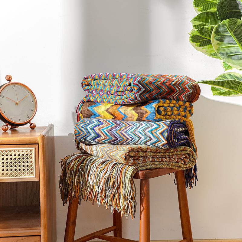 Bohemian Knitted Throw Blanket With Tassel
