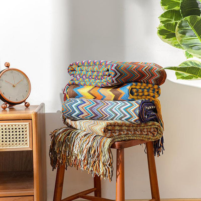 Bohemian Knitted Throw Blanket With Tassel