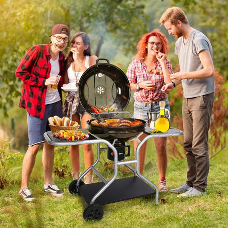 58 cm Charcoal BBQ Grill with Lid and Wheels – Outdoor Smoker