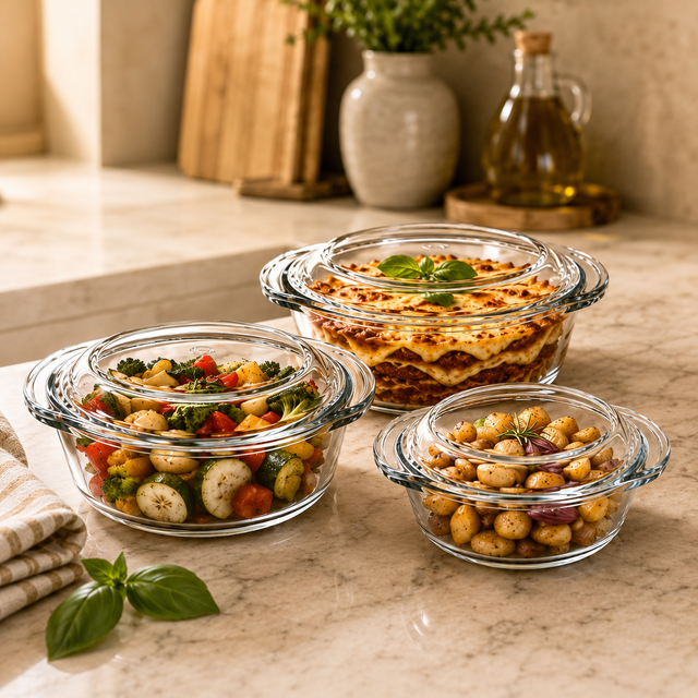 Three clear borosilicate glass casserole dishes with matching glass lids displayed on a modern kitchen countertop