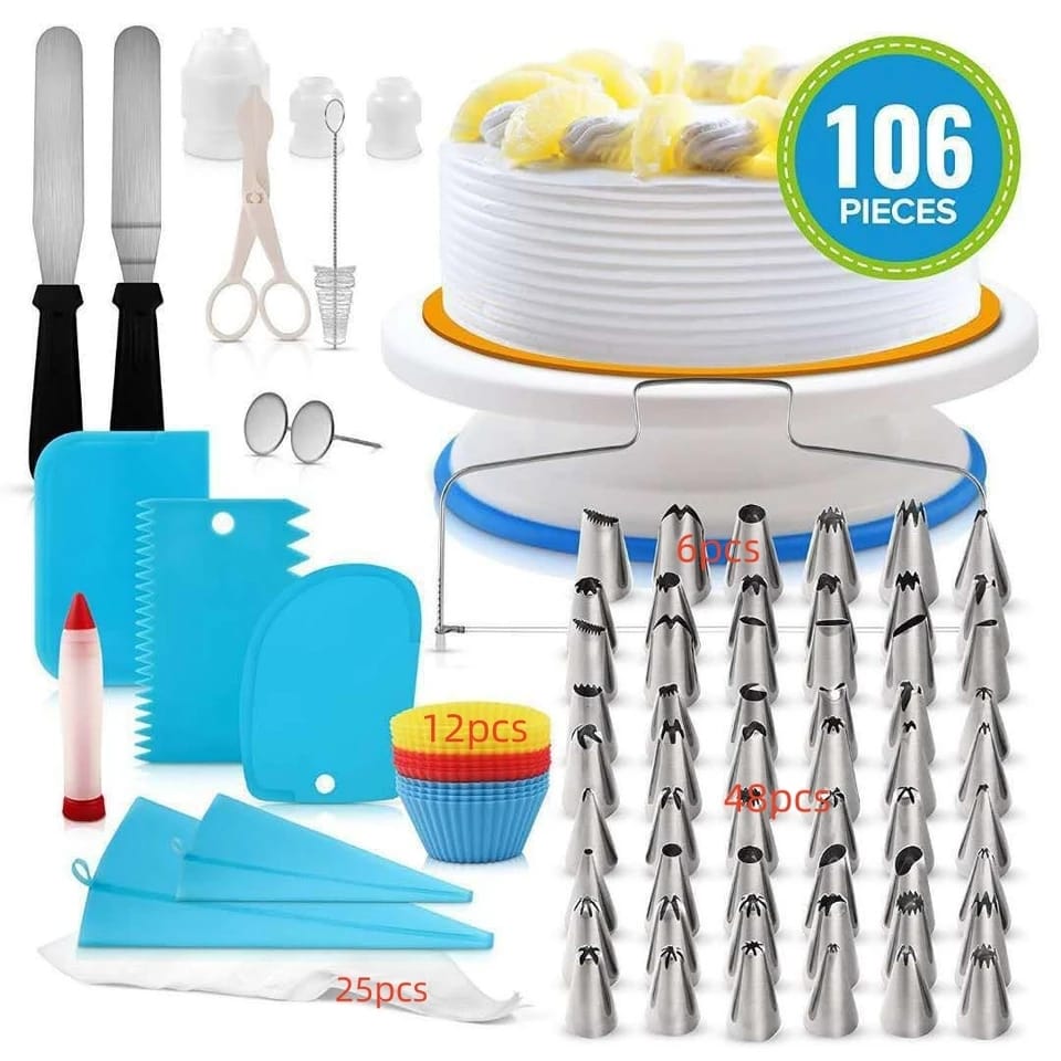 A 106-piece cake decorating set displayed, including piping tips, couplers, reusable and disposable piping bags, spatulas, scrapers, smoothing tools, flower nails, a rotating cake turntable, decorating pens and brushes, fondant tools, and cake dividers.