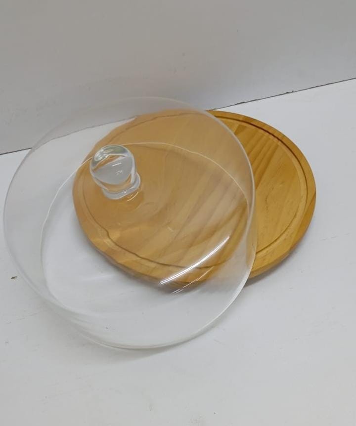 Dome Shape Glass Cake Cover with Bamboo Base 28 cm