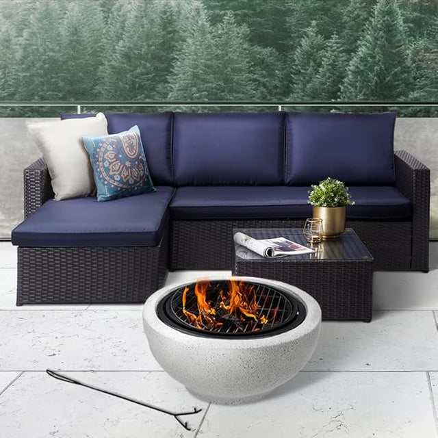 Home Round Steel Outdoor Fire Pit Outside Wood Burning Firepit Bonfire with Spark Screen, Firebowl, Poker, Stainless Steel Rack, Charcoal Grill for Patio Garden Backyard BBQ,