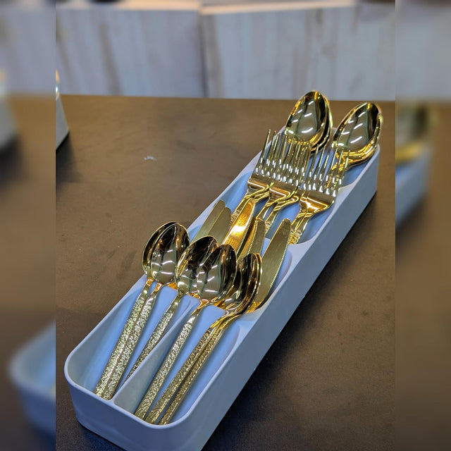 Premium Gold Cutlery Set with Holder (24pcs + Tray Organizer)
