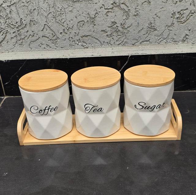 3pcs Ceramic Canisters Set with Bamboo Stand