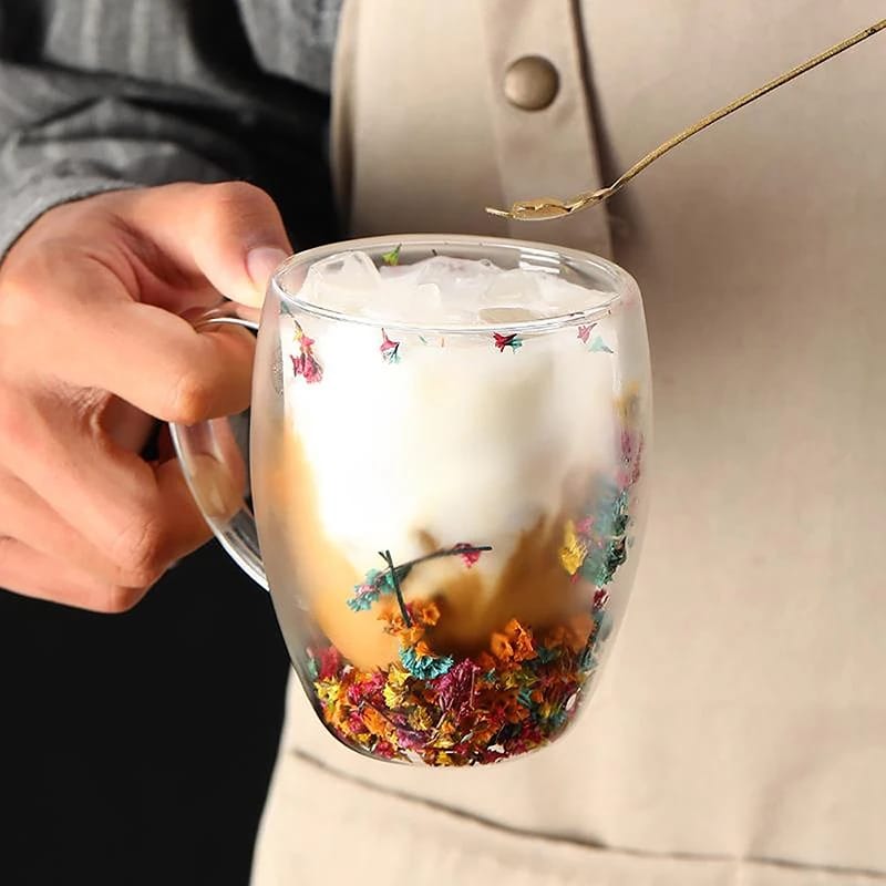 insulated Double Wall Glass Cup Dried Flower Coffee Cup with Handle Household Hot
