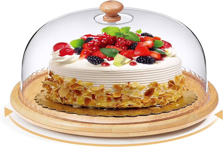 High quality bamboo base cake/fruit stand with high quality aclyric top dome cover