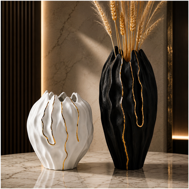 Modern black and white ceramic vase set with gold accents displayed on a marble tabletop.