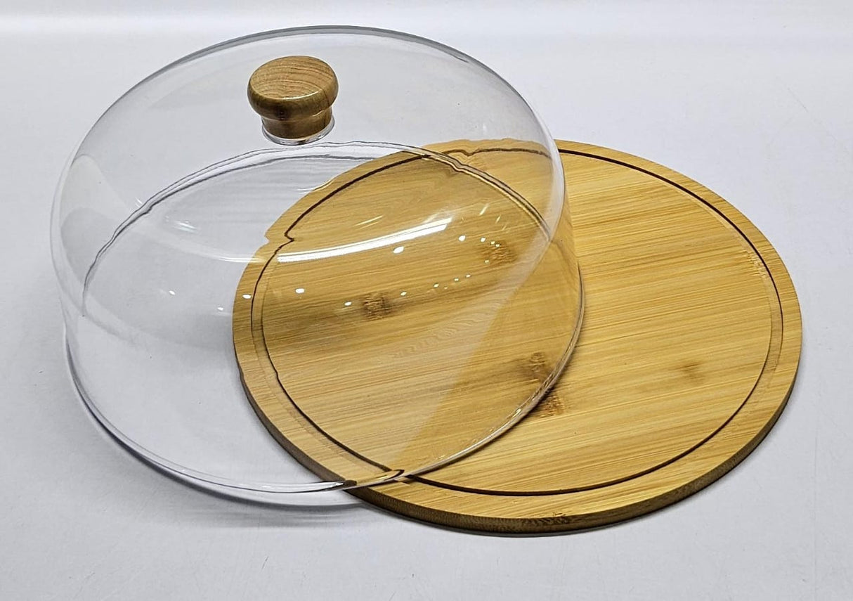 High quality bamboo base cake/fruit stand with high quality aclyric top dome cover