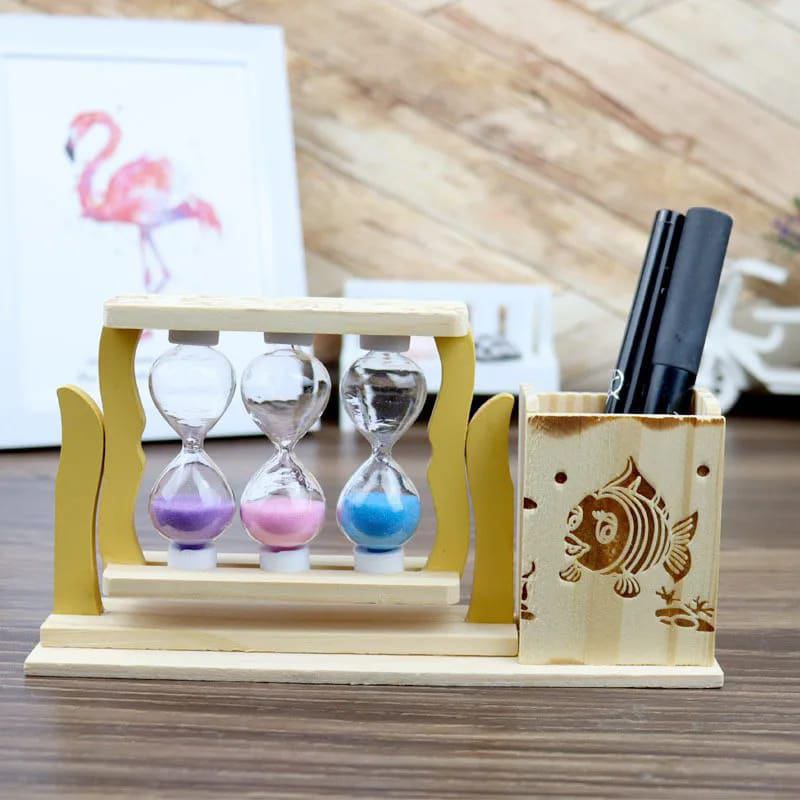 Handicraft Wooden Pen Stand with 3-Hourglass Timer — 19×5×10 cm