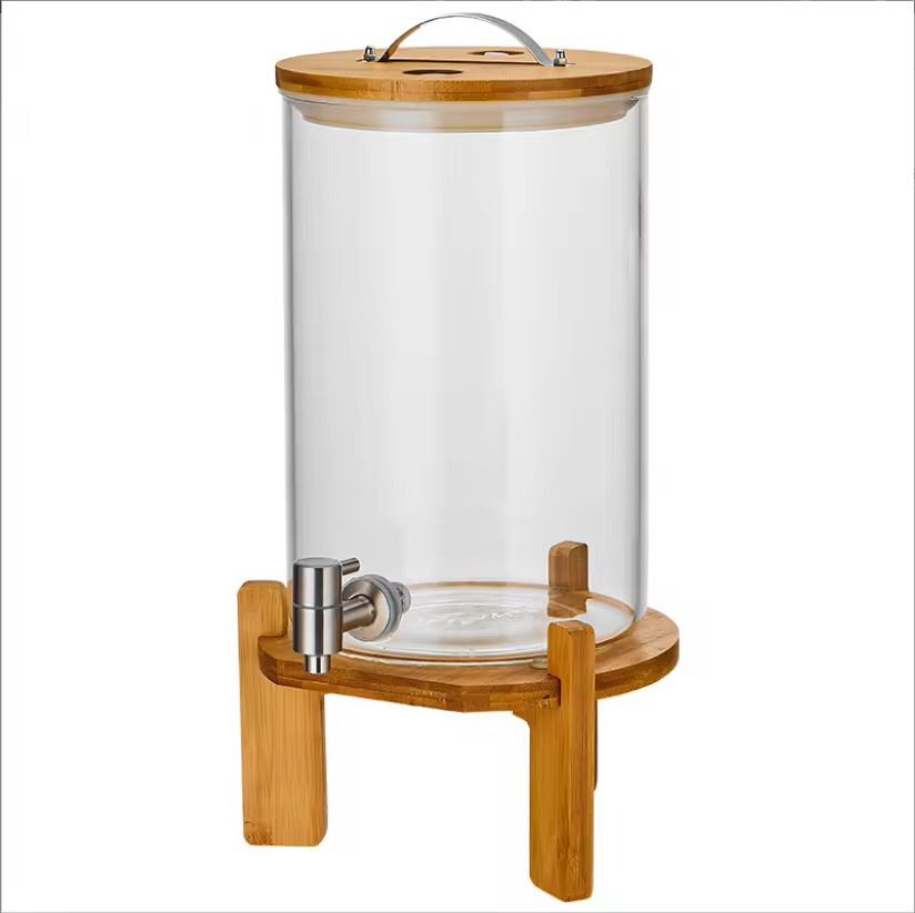 Borosilicate glass drink dispenser with faucet and bamboo stand
