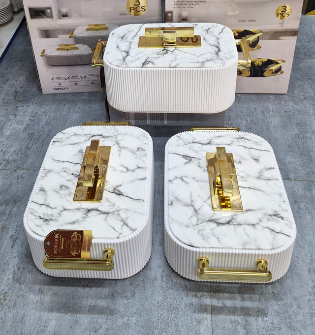 3-piece white marble-look insulated food warmer casserole set with gold handles in 3L, 4L and 5L sizes