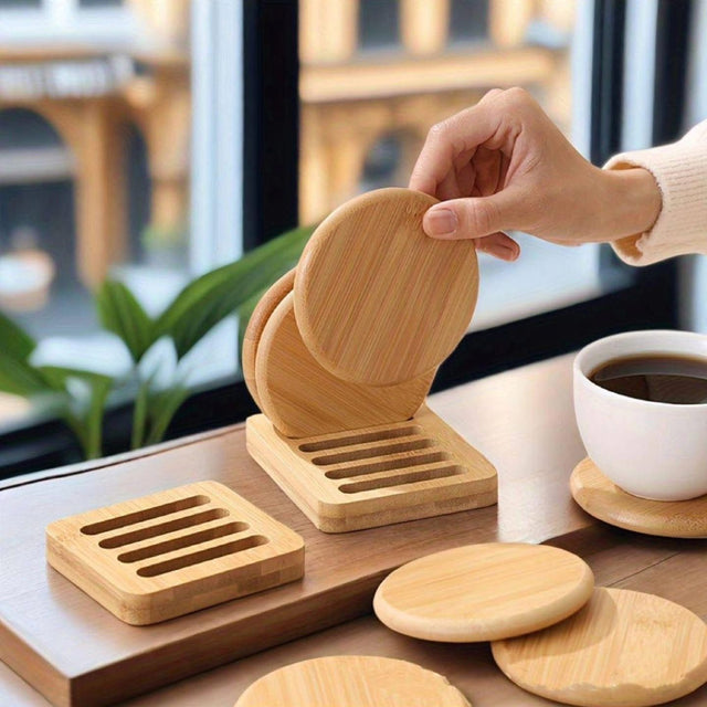 Bamboo Coaster Set with Holder – 6PCS