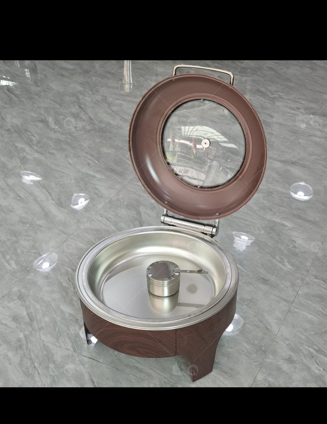 Luxury 6L round stainless steel chafing dish with wooden brown finish, glass lid and hydraulic soft-close.