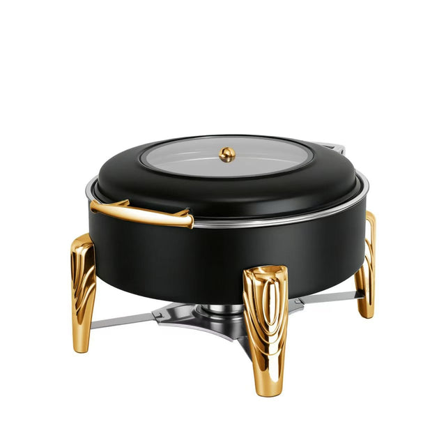 6L round hydraulic stainless steel chafing dish with tempered glass viewing lid and luxury gold accents.