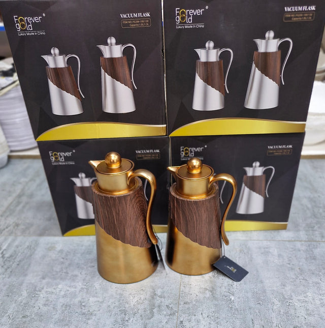 Luxury gold 304 stainless steel thermal flask with wood-look handle available in 1L and 1.3L