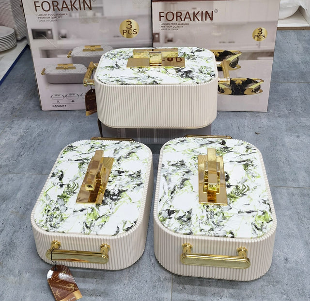 3-piece white marble-look insulated food warmer casserole set with gold handles in 3L, 4L and 5L sizes