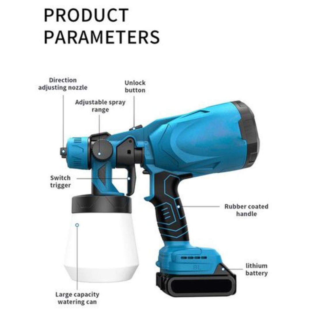 Ultra Large Capacity Wireless Portable Electric Spray Paint Gun
Design: Cordless and portable for unrestricted movement during painting tasks.
Capacity: 700ML paint container reduces the need for frequent refills, ensuring continuous work.
Performance: Provides an even spray pattern with a nozzle diameter of 1.8–2.6mm for smooth and professional finishes.
Spray Distance: Reaches up to 300mm, ideal for precision and coverage.
Power: 150W motor delivers consistent spraying performance.