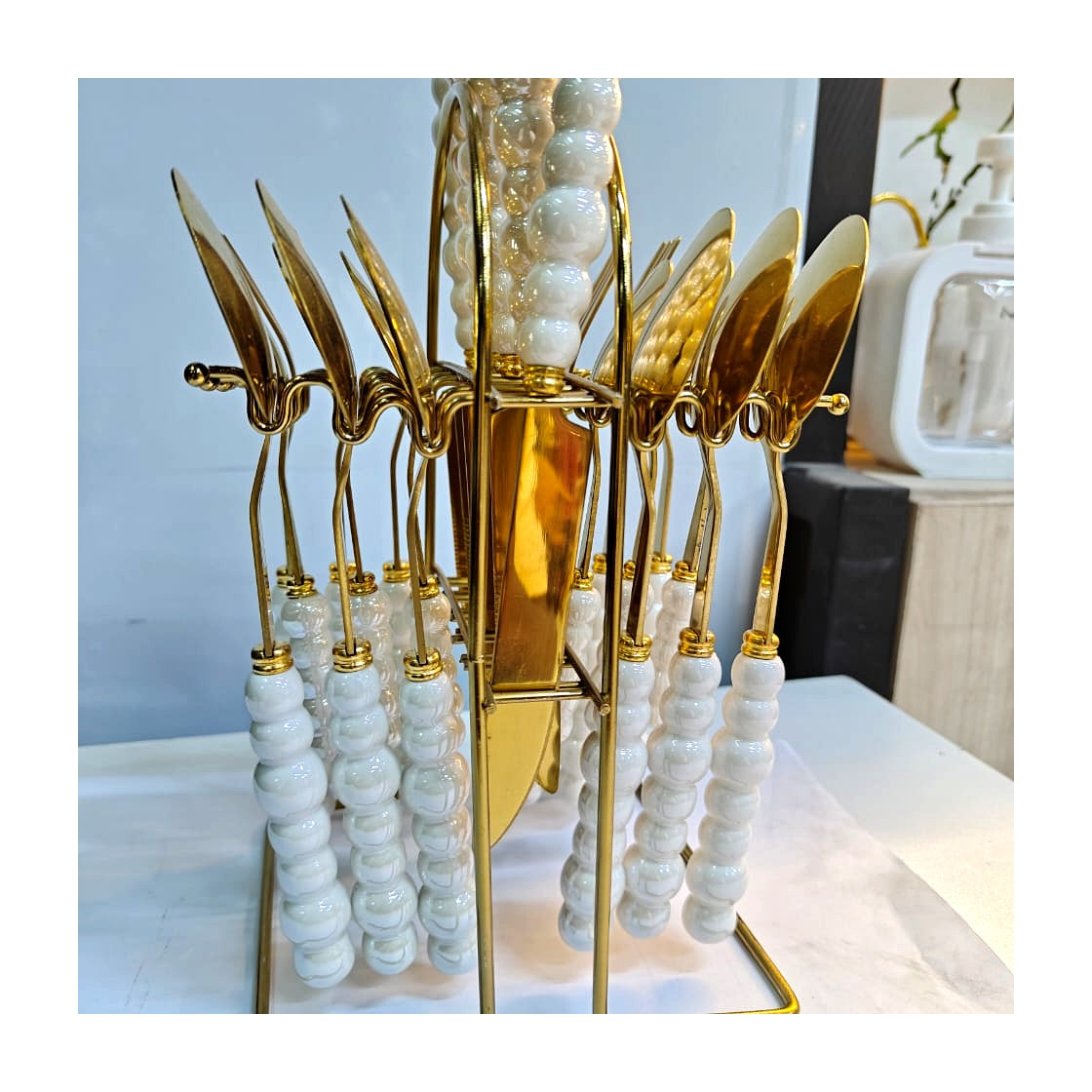 Luxury White Beaded Handle Gold Cutlery Set — 24-Piece with Stand