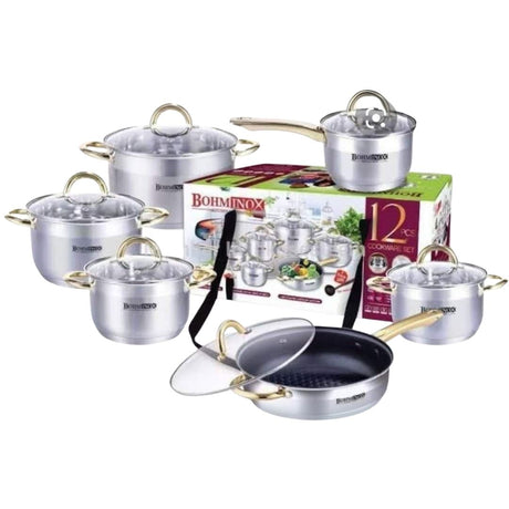 12-Piece Cookware Set – Premium Stainless Steel
Complete 12-piece set: Includes multiple pots, a saucepan, and a non-stick frying pan—all with matching tempered glass lids.
Durable stainless steel: Rust-resistant, long-lasting material with a polished finish for an elegant kitchen look.
Gold-tone handles: Stylish and heat-resistant for safe, comfortable grip while cooking.
Glass lids with steam vents: Allows easy monitoring of your food without lifting the lid.
Non-stick frying pan: Ensures easy food r