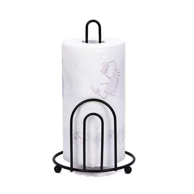 Black metal paper towel holder for standard kitchen paper towel rolls with a freestanding countertop design