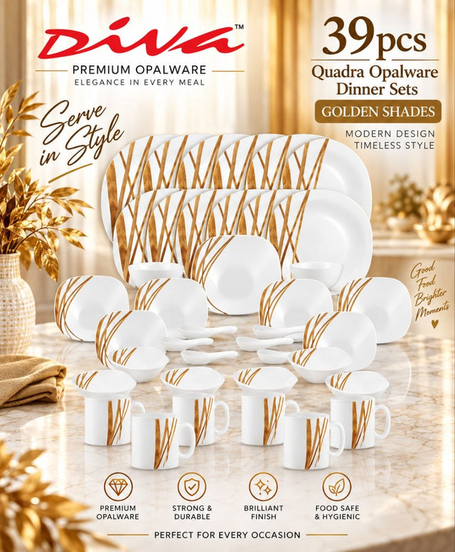 Diva Quadra Plain White Opalware Dinner Set — 39 Pieces