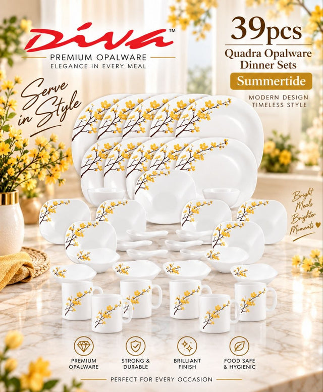 Diva Quadra Plain White Opalware Dinner Set — 39 Pieces
