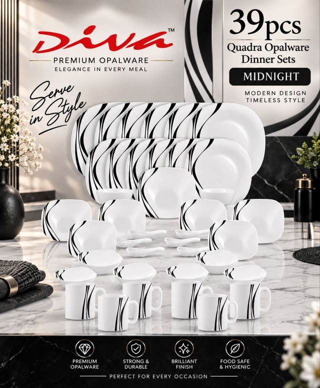 Diva Quadra Plain White Opalware Dinner Set — 39 Pieces