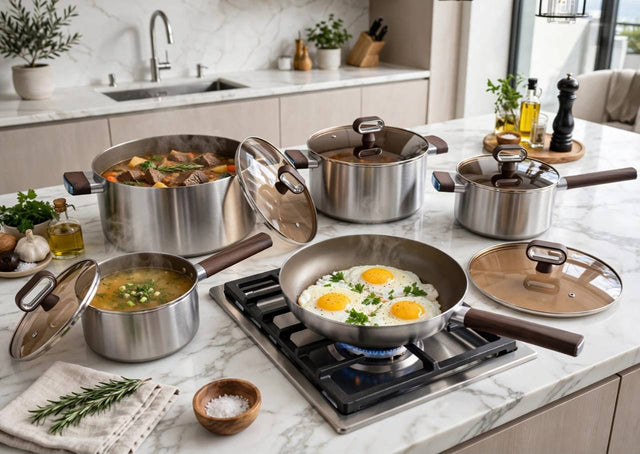 Titanium Coated 18/10 Stainless Steel Cookware Set with Wood Look Handles — 10 Pieces