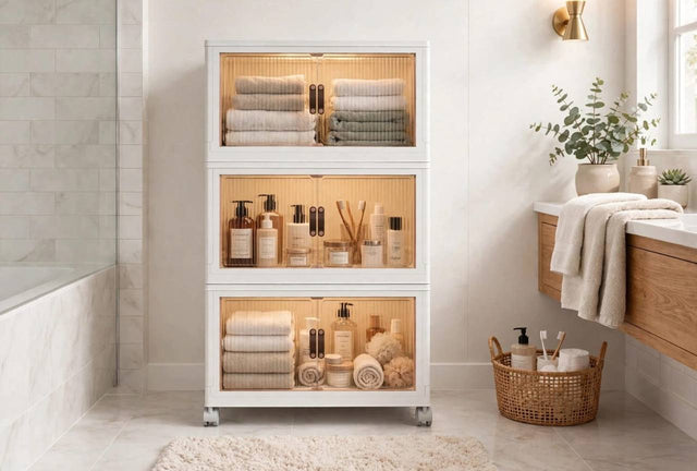 Stackable Storage Cabinet with Fluted Doors and Wheels — 3 Tier