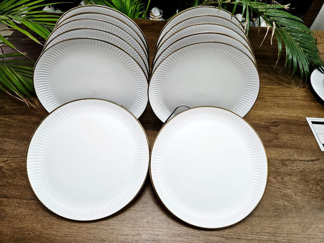 White Ribbed Porcelain Dinner Plates with Gold Rim