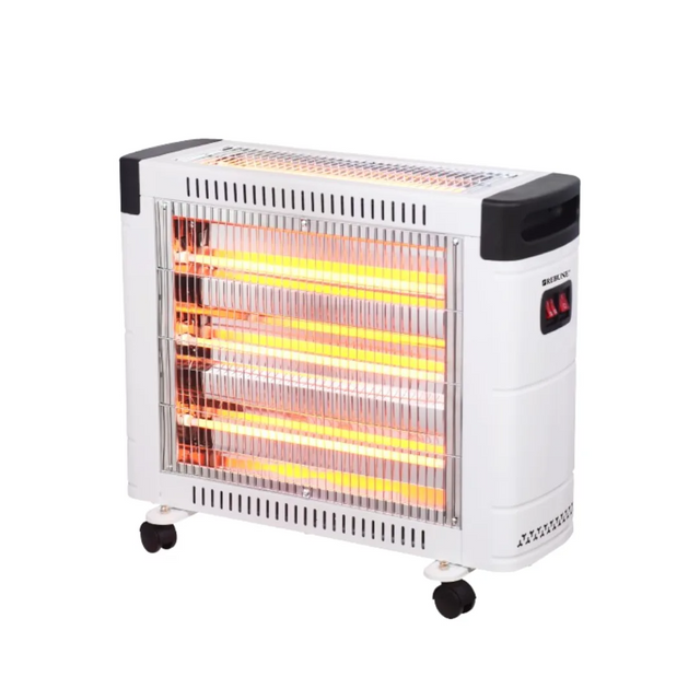 Rebune electric quartz heater with 4 glowing heating elements behind a metal safety grille, white body, dual toggle switches, and 4 rolling caster wheels
