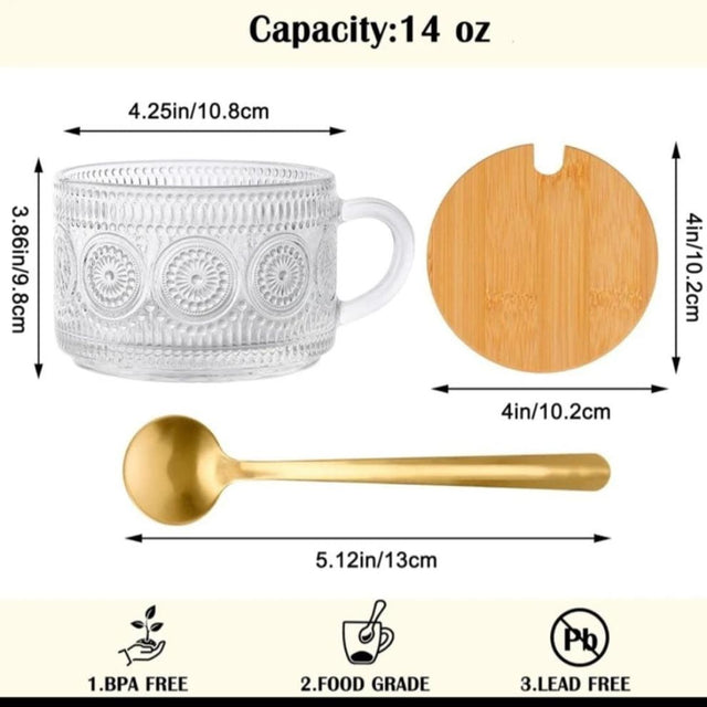 Materials:
Dish: Clear patterned glass
Lid: Eco-friendly bamboo with notch for spoon
Spoon: Golden stainless steel
Capacity:
14 oz / ~400 ml
Dimensions:
Cup: 10.8 cm (W) × 9.8 cm (H)
Lid: 10.2 cm diameter
Spoon: 13 cm length