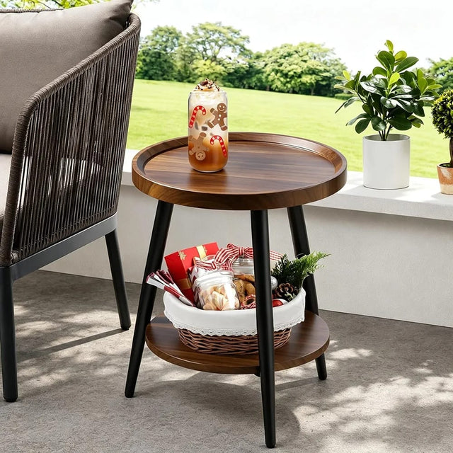 Round Two Tier Accent Table with Walnut Finish Top and Black Legs, 50 cm