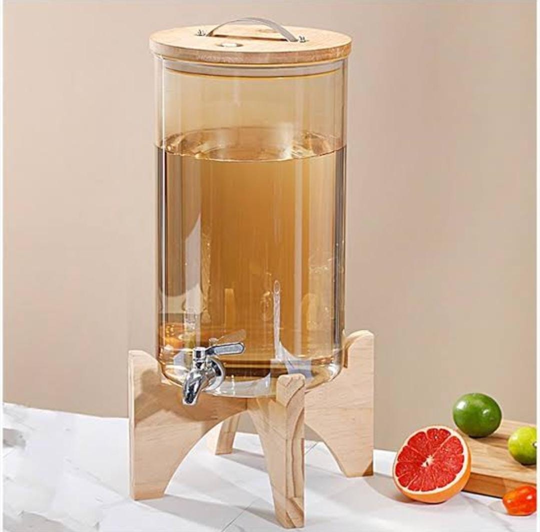 Bamboo base and lid 3.6L Golden borosilicate glass beverage dispenser