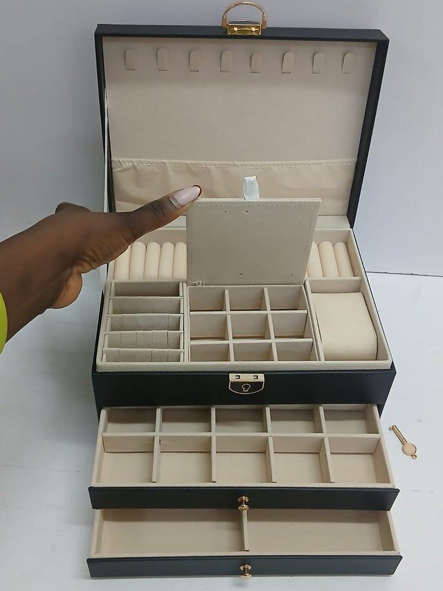Three Layer Leather Jewelry Storage Box with Lock
